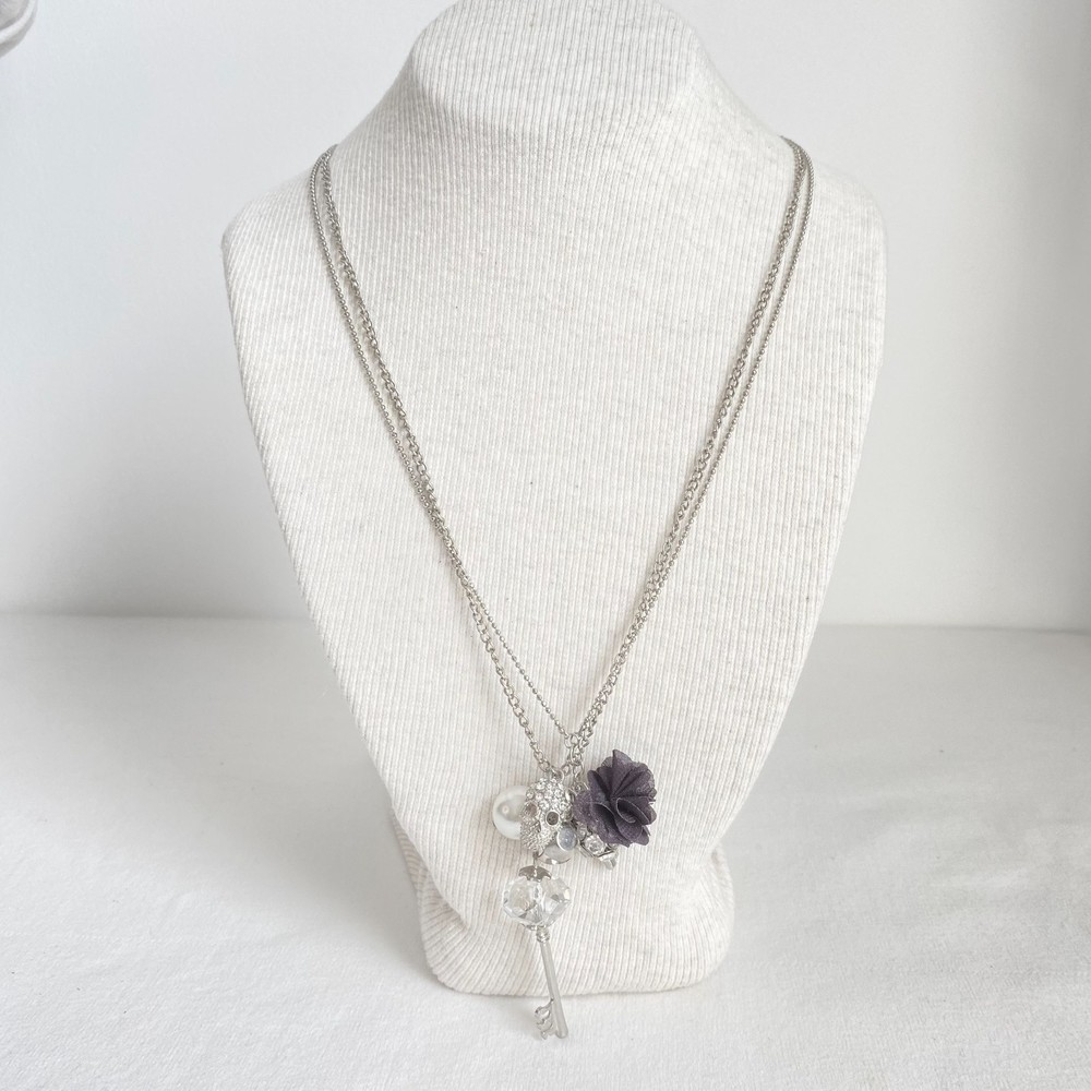 💎Silver Tone 8-Charm Necklace Opera Length Double Stranded Ball & Cable Chains